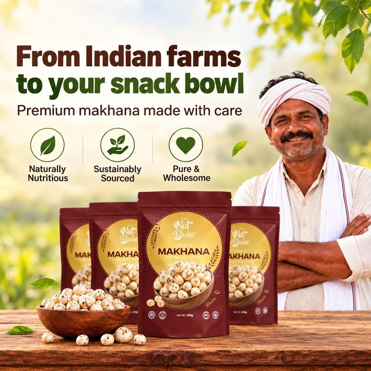Farmer with The Nut Basket premium makhana packs — from Indian farms to your snack bowl