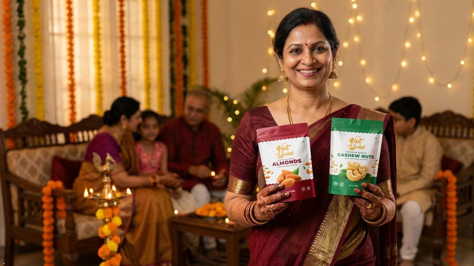Family celebrating a festival with The Nut Basket almonds and cashew nuts