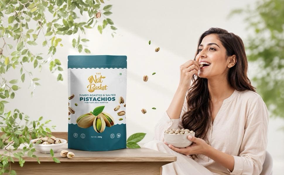 Woman enjoying The Nut Basket jumbo roasted & salted pistachios