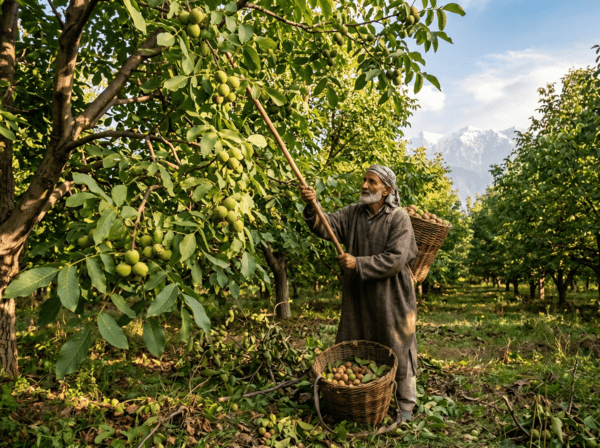 Walnut orchard in Kashmir with farmer harvesting