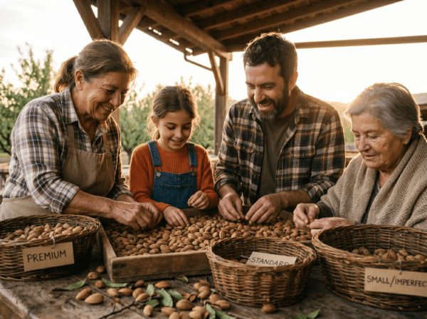 Family farmers sorting fresh almonds at traditional farm during golden hour