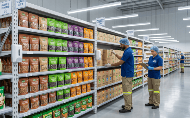 Clean modern food-grade warehouse with packaged dry fruits