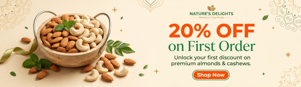 20% off first order promotional banner with premium dry fruits