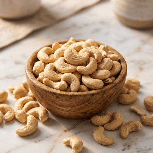 Premium W240 whole cashews in wooden bowl on marble