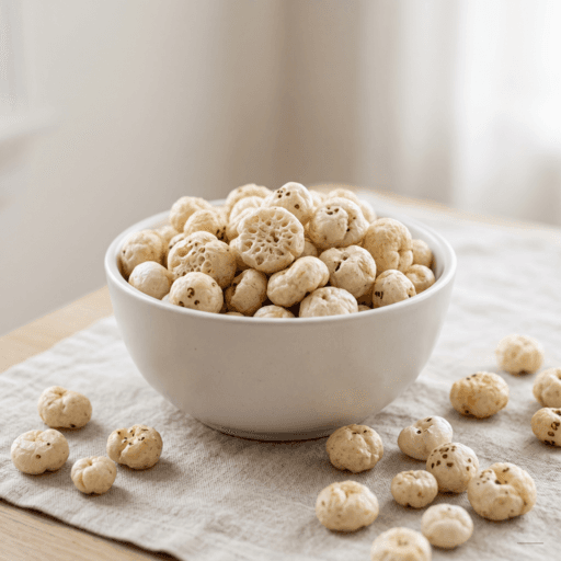 Light crispy roasted makhana fox nuts in white bowl
