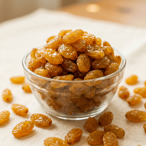Golden kishmish raisins in glass bowl with soft natural light