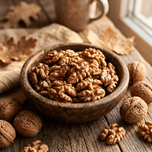 Kashmiri walnut kernel halves in rustic wooden bowl
