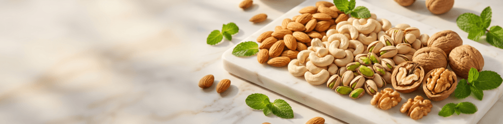 Premium dry fruits — almonds, cashews, pistachios, walnuts arranged on white marble